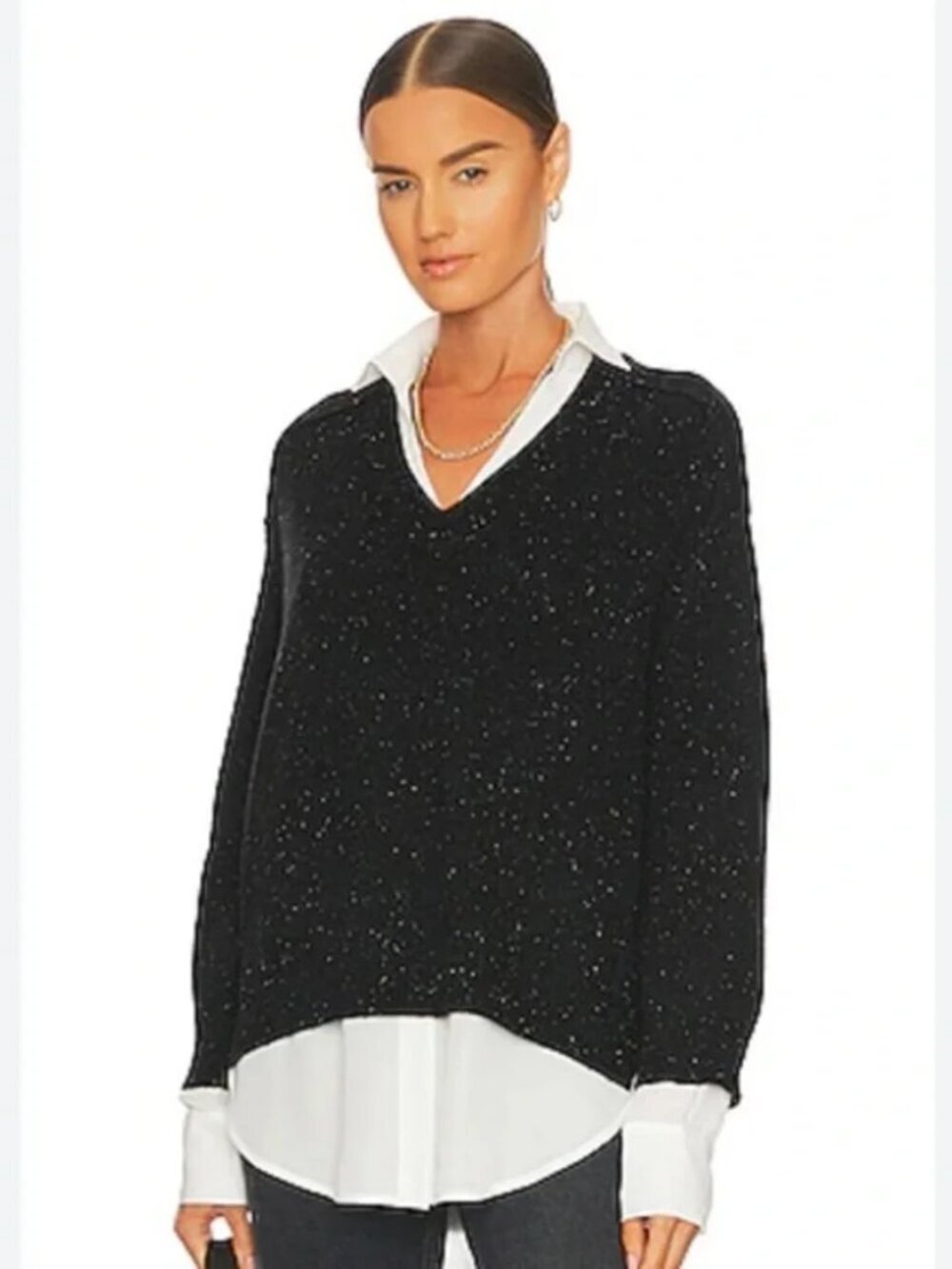 Brochu Walker The Looker Layered VNeck Wool Cashmere Black Multi Sweater size XS